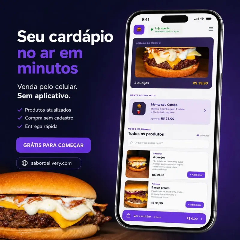 Cardápio online grátis e sistema de pedidos Sabor Delivery no celular